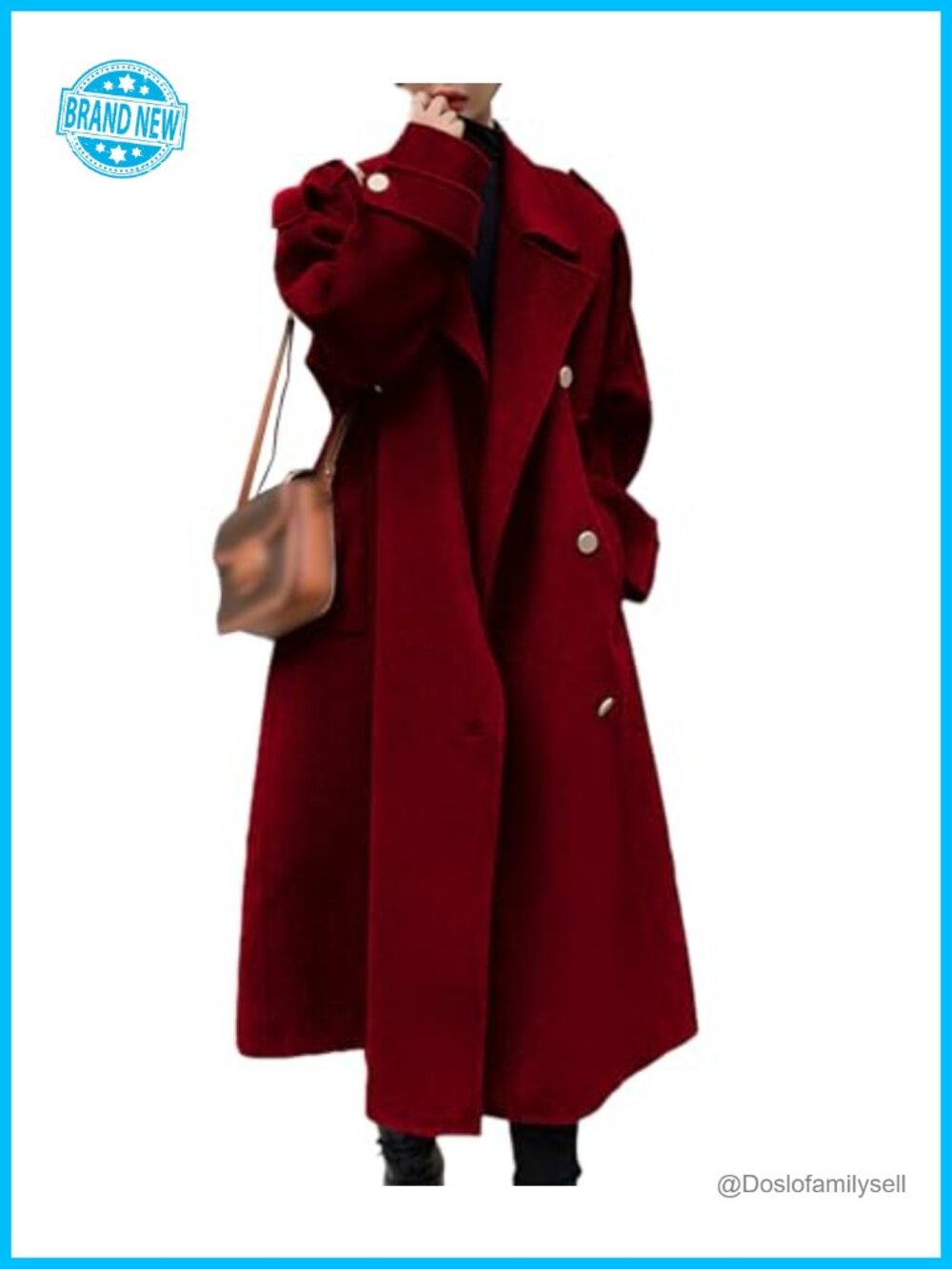 Women's Double Breasted Wool Blend Midi Pea Coat Notched Lapel Oversized